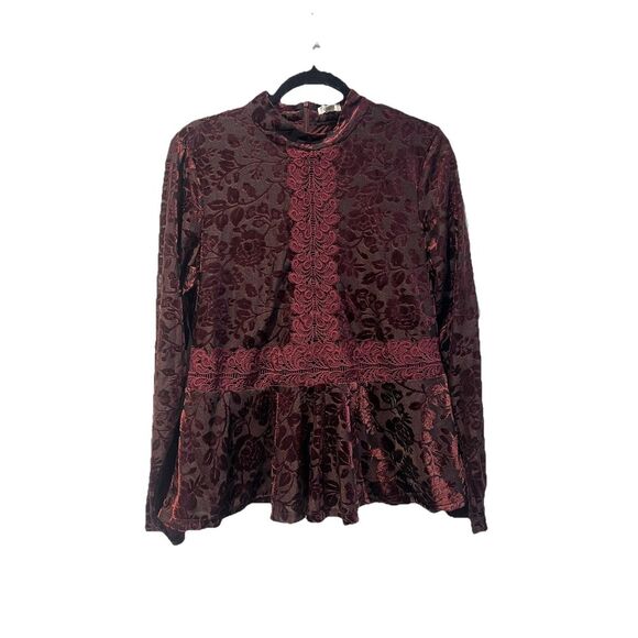 VTG SPENSE Maroon Velvet Victorian Lace Mock Neck Top Fairy Grunge Whimsygoth LG - Picture 1 of 10